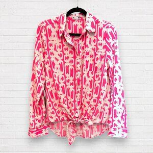 KUT FROM THE KLOTH Bright Pink Ivory Waist Tie Geometric Link Blouse Size L